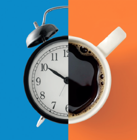 conceptual illustration of an alarm clock and a coffee mug intersecting