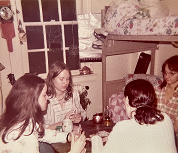 Girls playing cards in Parsons Hall