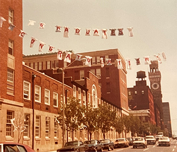 Uniforms strung over Lombard Street in 1983