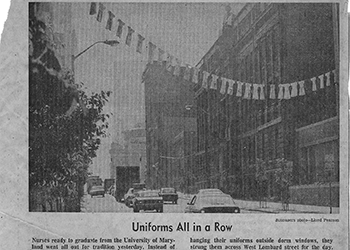News Clipping of Uniforms strung across Lombard street