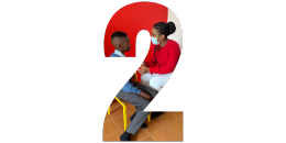 an image of a nurse talking to a child in the shape of a 2