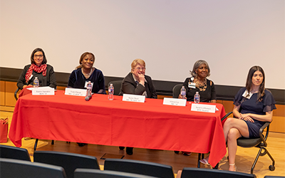 L to R: Lauren Saunders, BSN ’13; Tosin Olateju, MS ’15, BSN ’11; Karen Mack, MS ’20, BSN ’83; Gloria Lay, MS ’14; Sarah LaMonaca, BSN ‘23