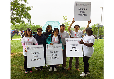 Faculty members from the University of Maryland School of Nursing participating in the March for Science in Washington, D.C., included, from left, Pei-Ying Huang, Karen Wickersham, Valerie E. Rogers, Yulan Liang, Arpad Kelemen, Shijun Zhu, and Veronica Njie-Carr.