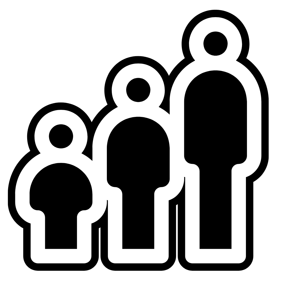 A black and white icon of three people in a row, each one taller than the previous