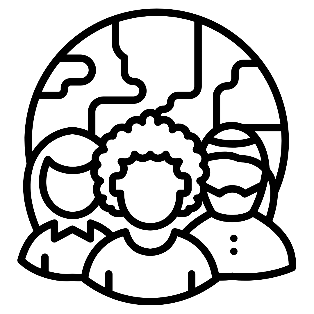 Black and white icon depicting three people standing in front of a globe