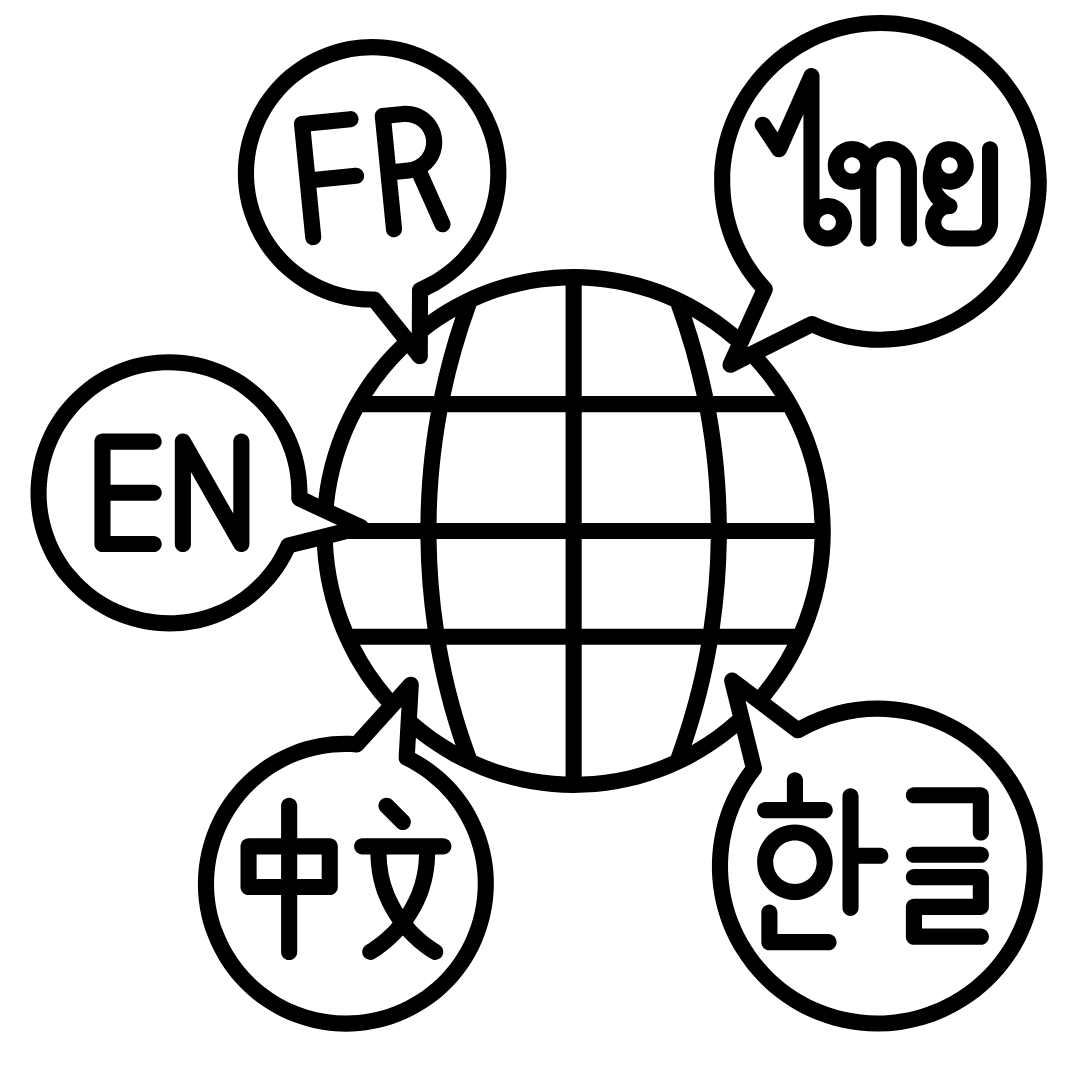 Black and white icon featuring a globe with gridlines and chat circles around it with alphabet characters in different languages