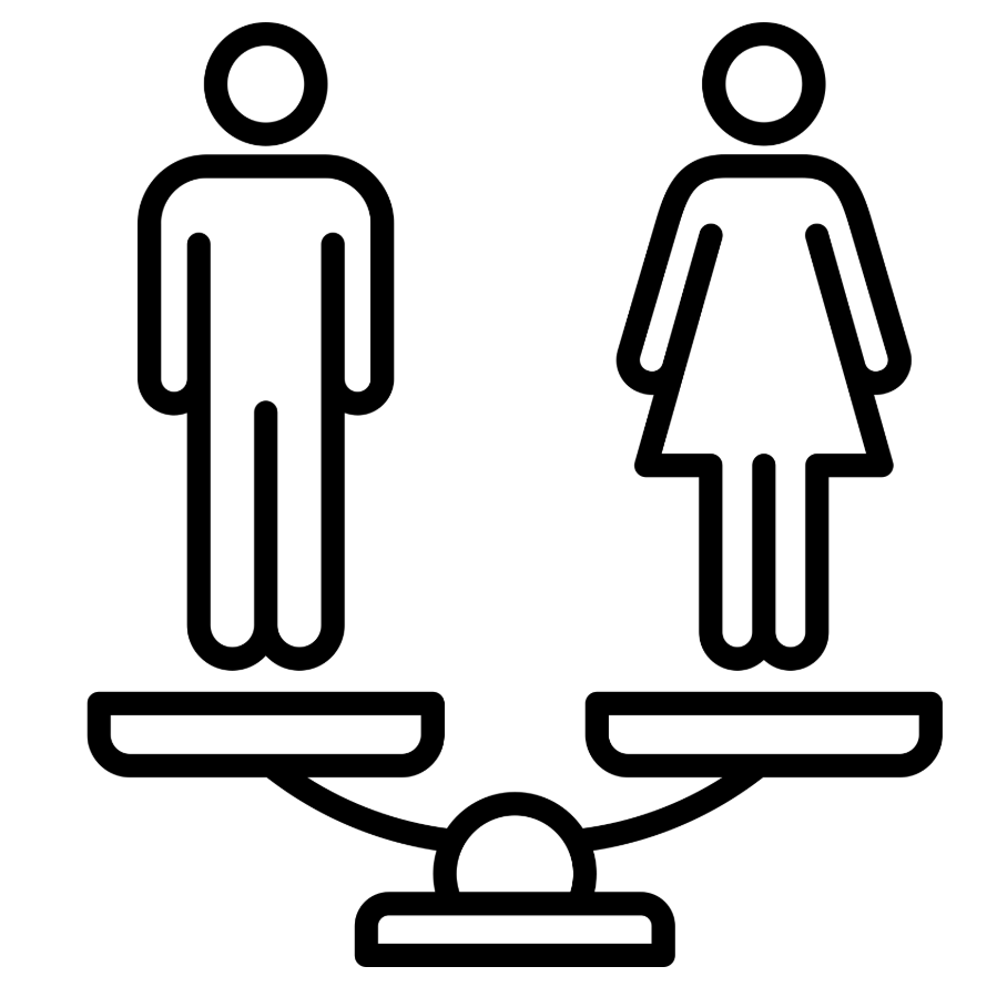 Black and white icon depicting two people on pedestals, a man on the left and a woman on the right