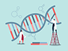 Illustration of oversized DNA stand with two people in white coats working on it