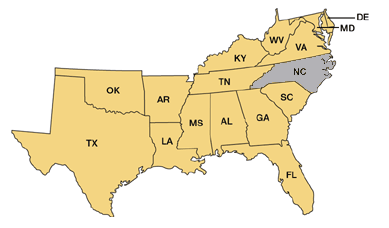 Southern Regional Education Board map; states that receive in-state tuition include Texas, Oklahoma, Arkansas, Louisiana, Mississippi, Alabama, Georgia, Florida, Tennessee, Kentucky, West Virginia, South Carolina, North Carolina, Virginia, Maryland, and Deleware