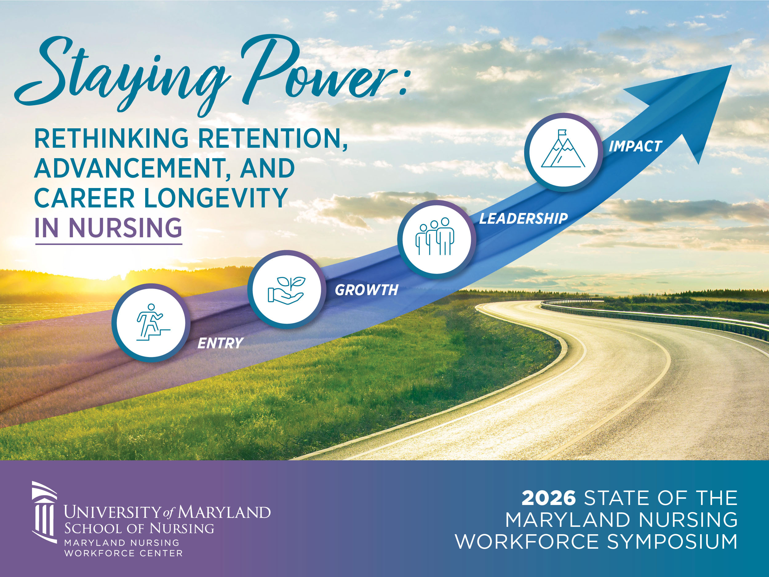 Nursing symposium graphic shows a winding road and upward arrow labeled Entry, Growth, Leadership, and Impact, with retention message.